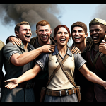 **Image:** A group of Top War players celebrating a victory together, highlighting teamwork and friendship in the game's community. **Prompt:** "Top War players celebrating a victory, showing the power of friendship and community."